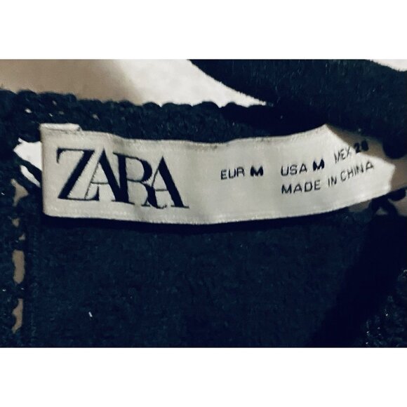 Zara Top Womens Medium Black Vegan Leather Crochet Patchwork Whimsigoth Punk - Picture 7 of 8